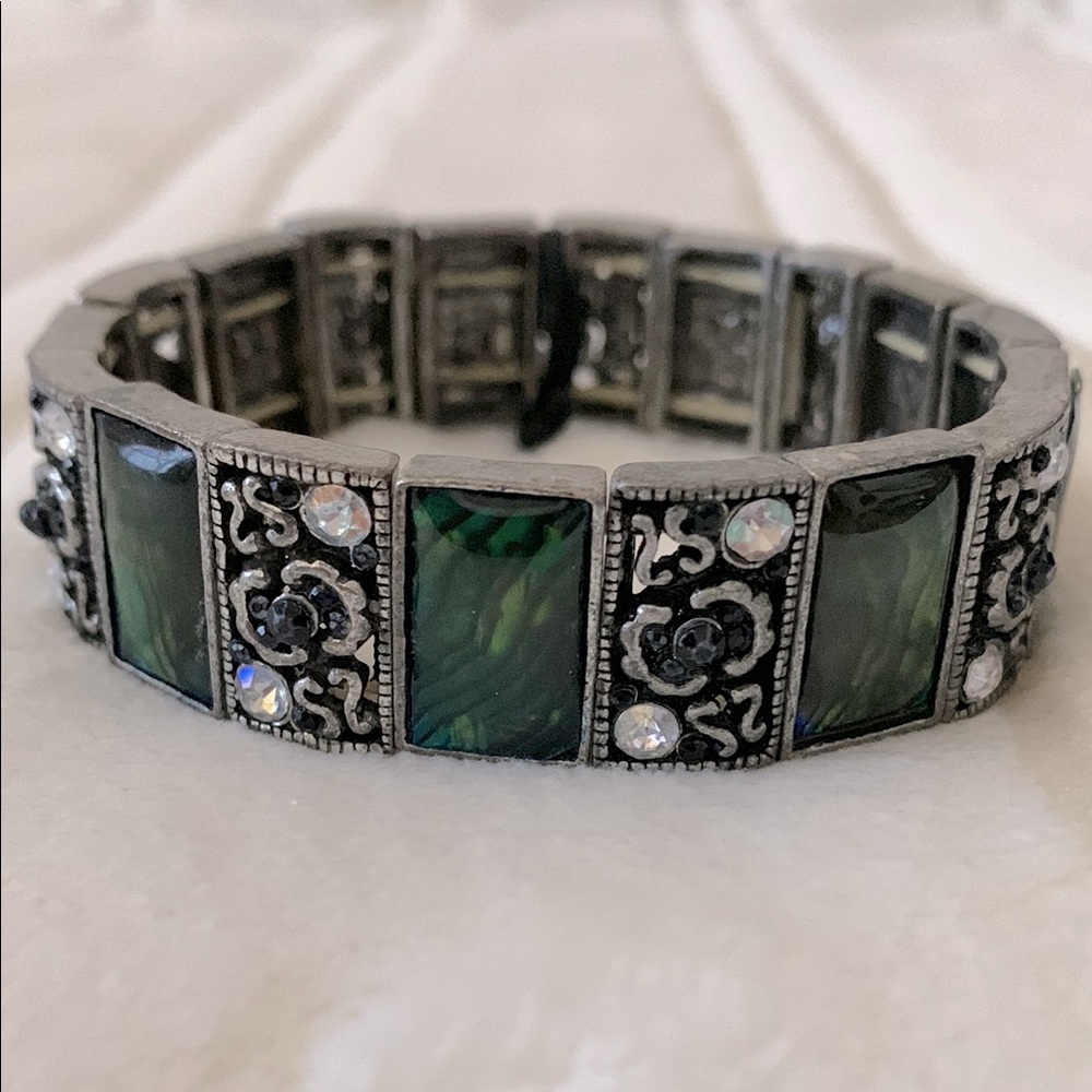 Silver Stainless Steel and Green Filigree Bracelet
